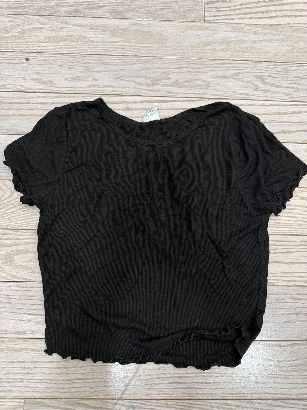 Destined Black Ribbed Short-Sleeve Lettuce-Edge Crop Top